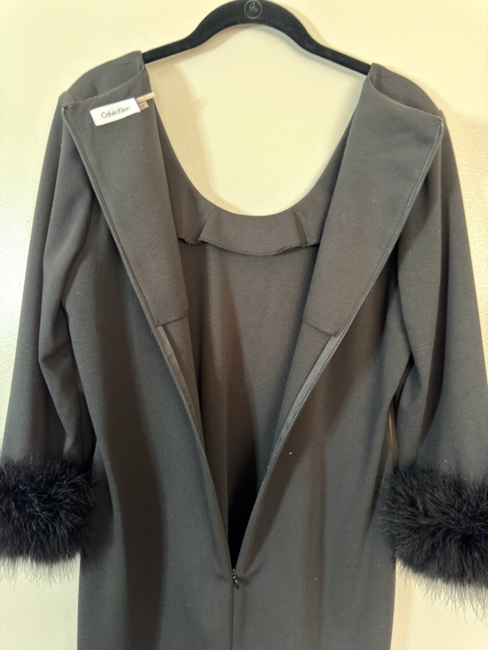 Calvin Klein Black Long-Sleeve Dress with Feather Cuffs - Picture 3 of 7